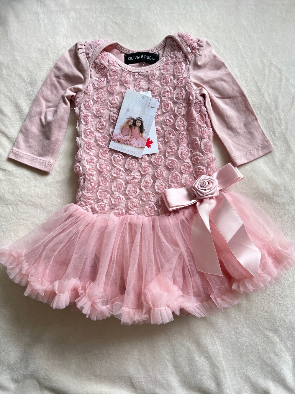 NWT Olivia Rose Pink Rosette Tulle Tutu Bodysuit Dress 3-6 Months